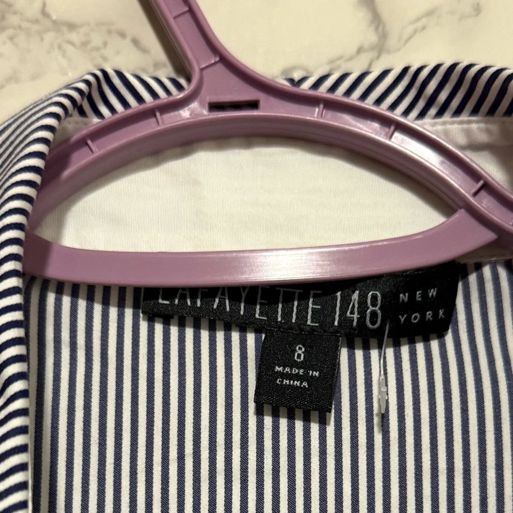 Lafayette 148 New York Navy and White Narrow-Stripe Button Shirt - Picture 5 of 8